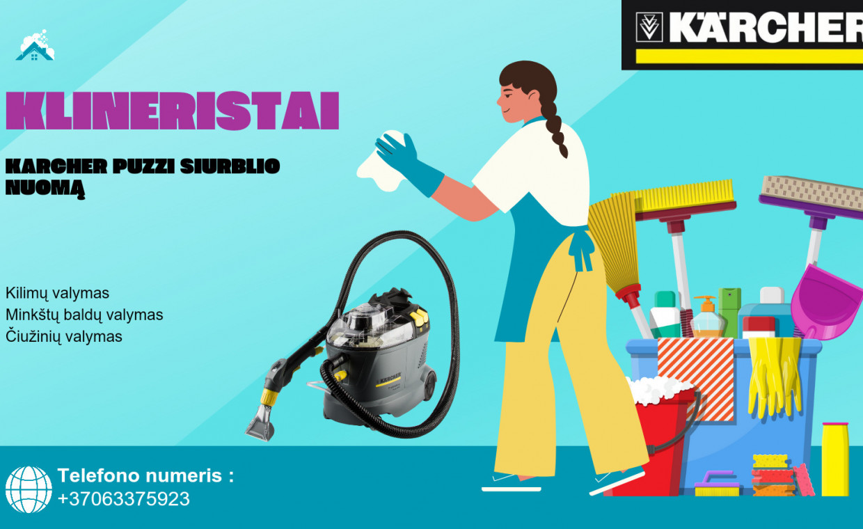 Plaunančių siurblių nuoma, Karcher Puzzi 8 plaunantis siurblys nuoma, Trušeliai